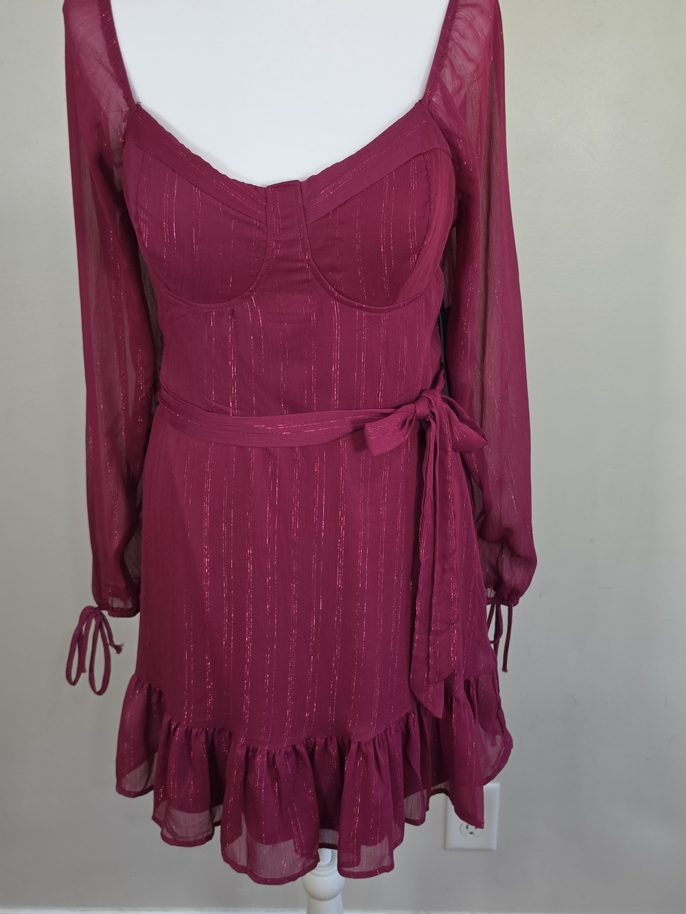 As U Wish Magenta Long-Sleeve Ruffle Wrap Dress
